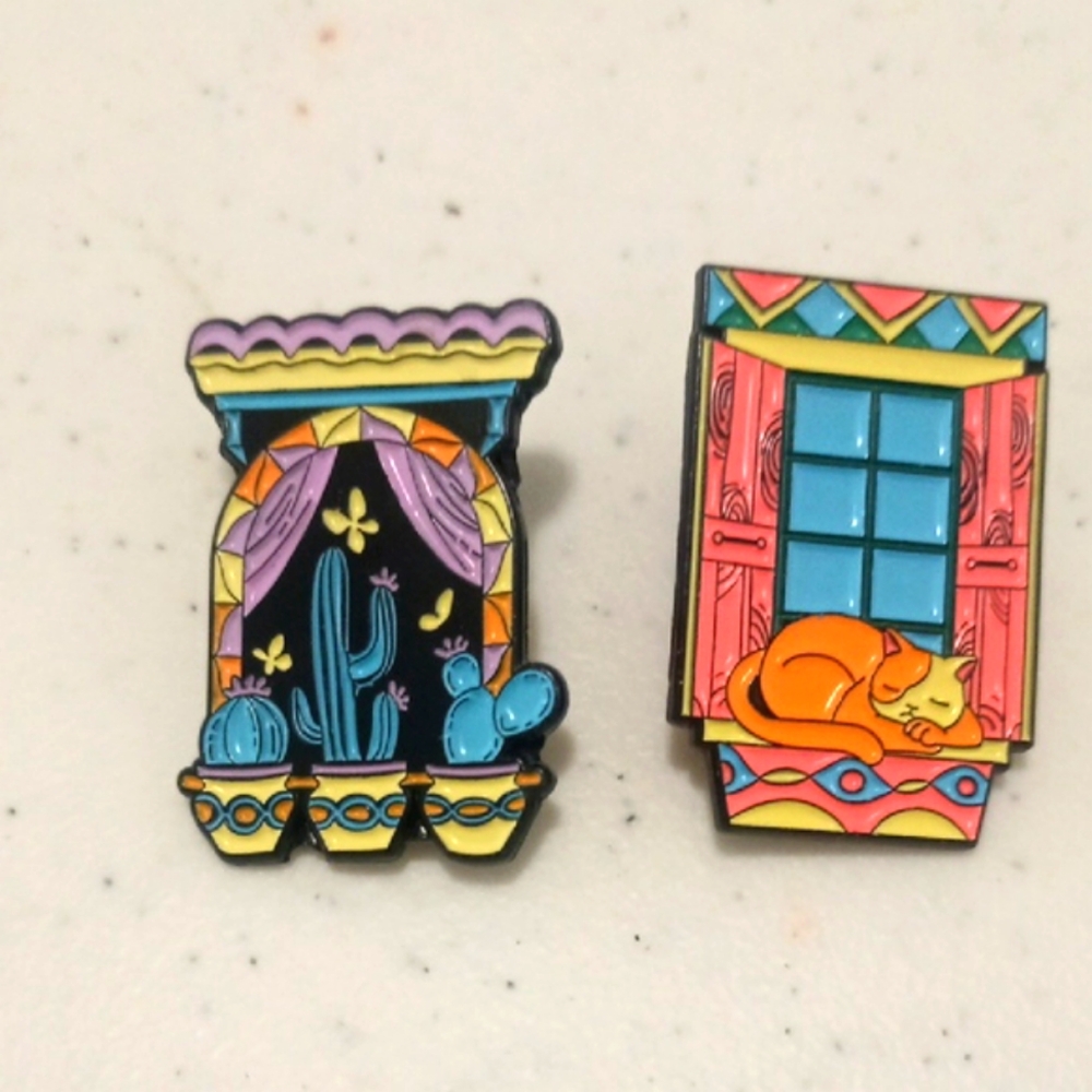 🪟🏜️🐱 Two 2" Enamel pins brooches day night window  cactus desert cats